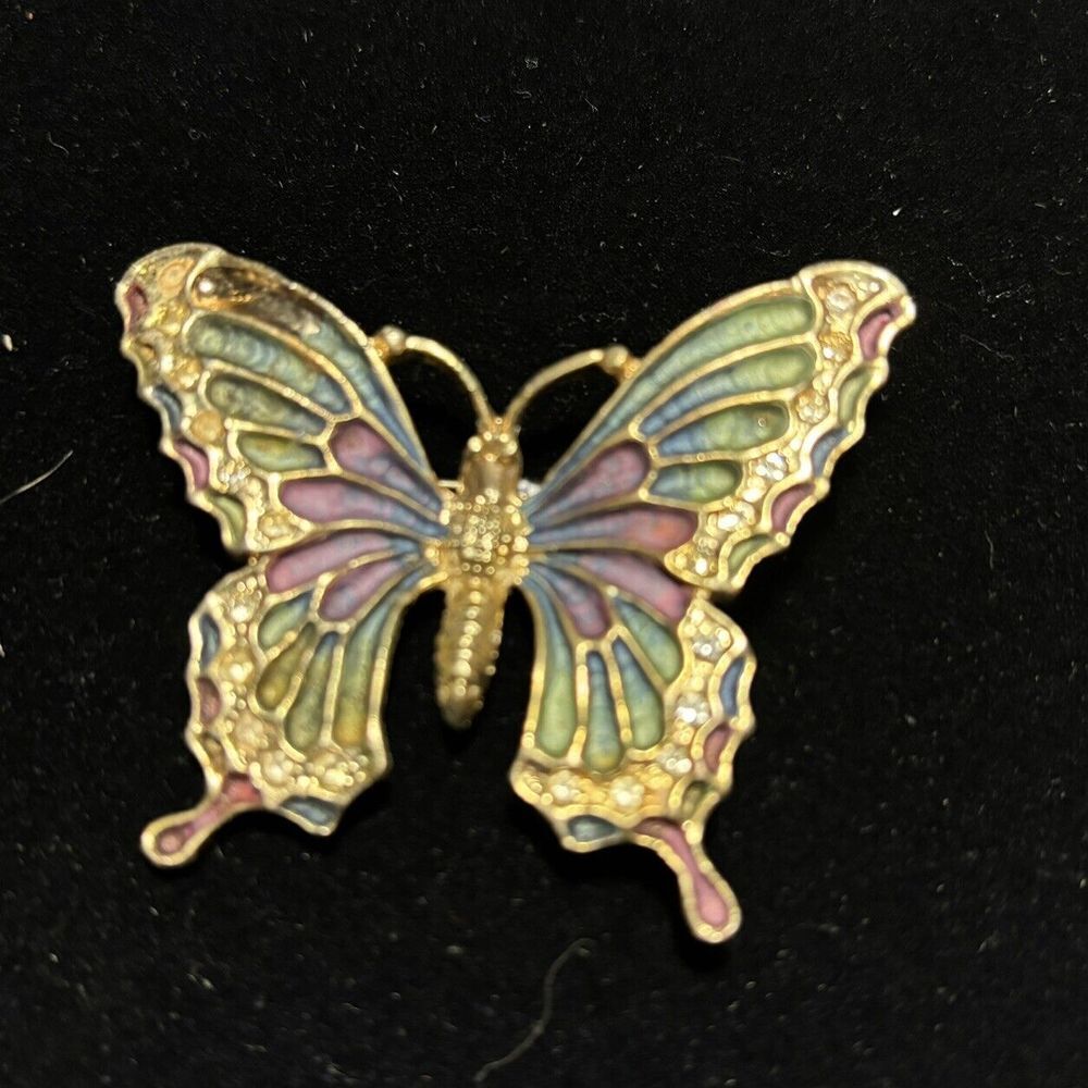Butterfly Brooch Pin Vintage Gold‎ tone  Multi Color And rhinestone